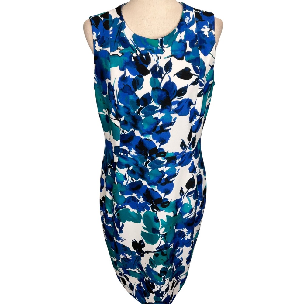 Calvin Klein Sheath Dress Womens 8 Blue Floral Scuba Summer Modern Party Stretch